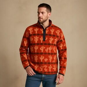 Wrangler Men‎ Fleece Quarter Zip Pullover Cactus Southwest Aztec Orange Size M